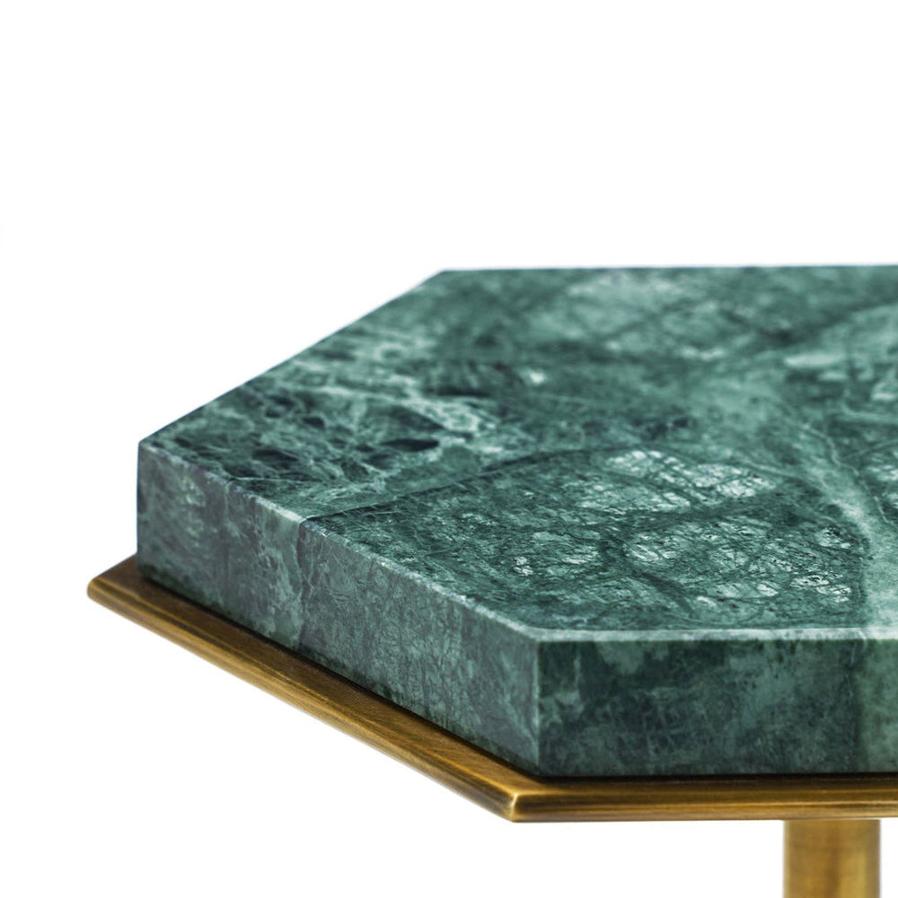 Green marble and jade table with gold base on a white background