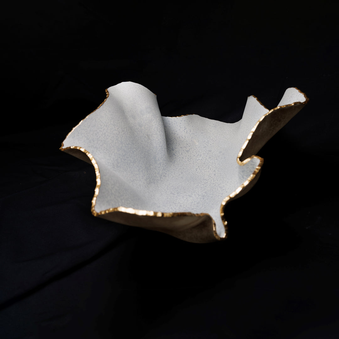 Medium Matte White and Olive Ruffled Bowl with Gold Trim