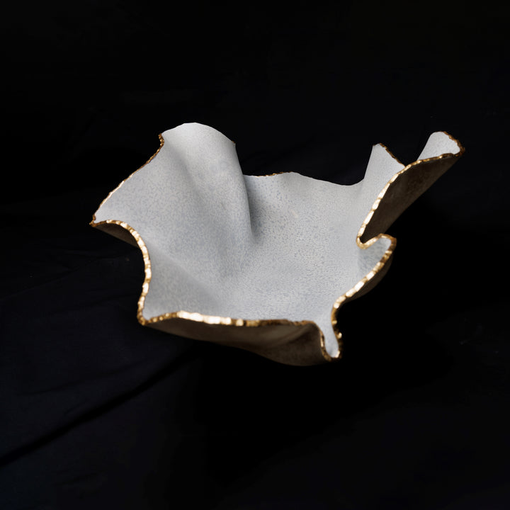 Medium Matte White and Olive Ruffled Bowl with Gold Trim