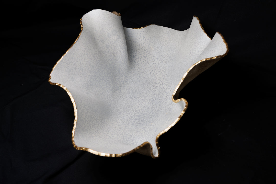 Medium Matte White and Olive Ruffled Bowl with Gold Trim
