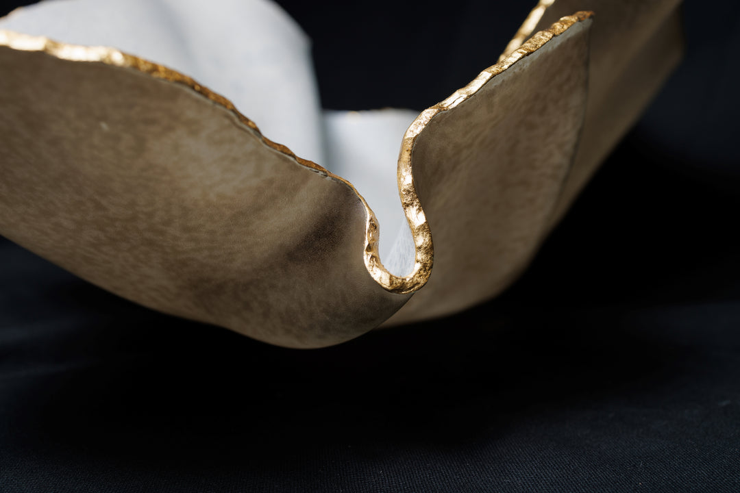 Medium Matte White and Olive Ruffled Bowl with Gold Trim