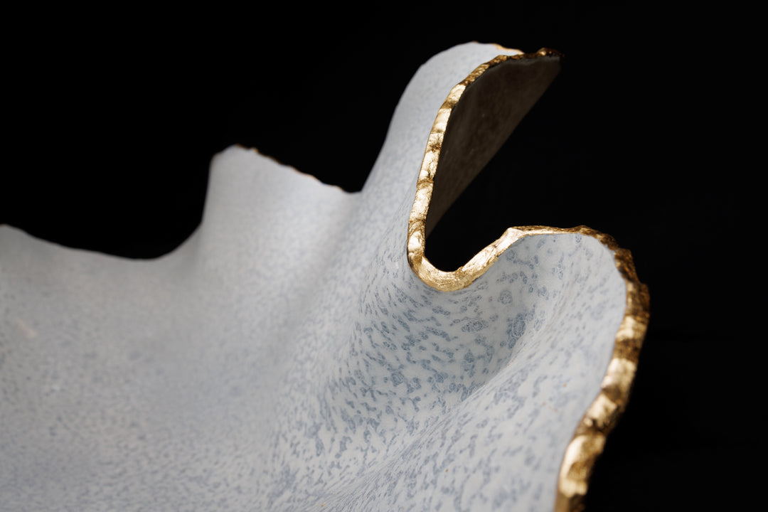 Medium Matte White and Olive Ruffled Bowl with Gold Trim